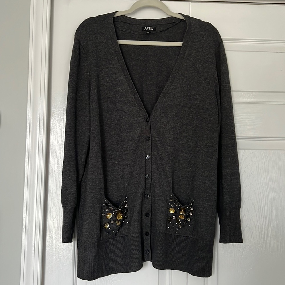 Apt. 9 Gray Knit Cardigan Sweater L Jeweled Beaded Pockets Button Front Cozy